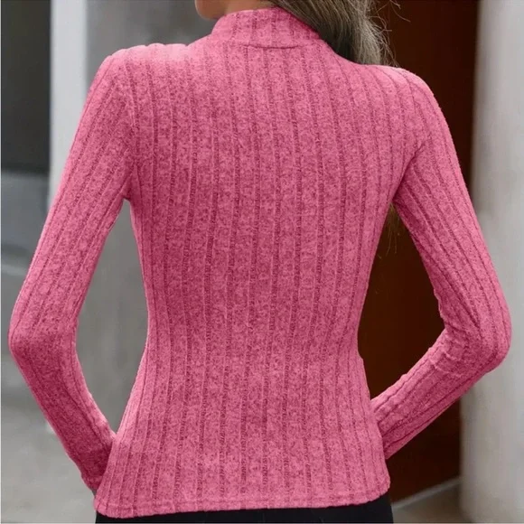 Pink Ribbed Turtleneck Long Sleeve Top - Picture 2 of 4